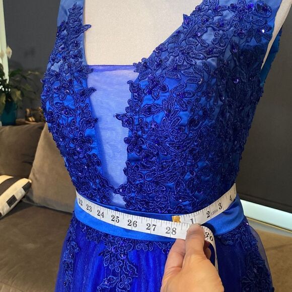 Women’s Blue Full Length Prom Party Dress with Small Train & Corset Back Size 6 - Picture 10 of 12